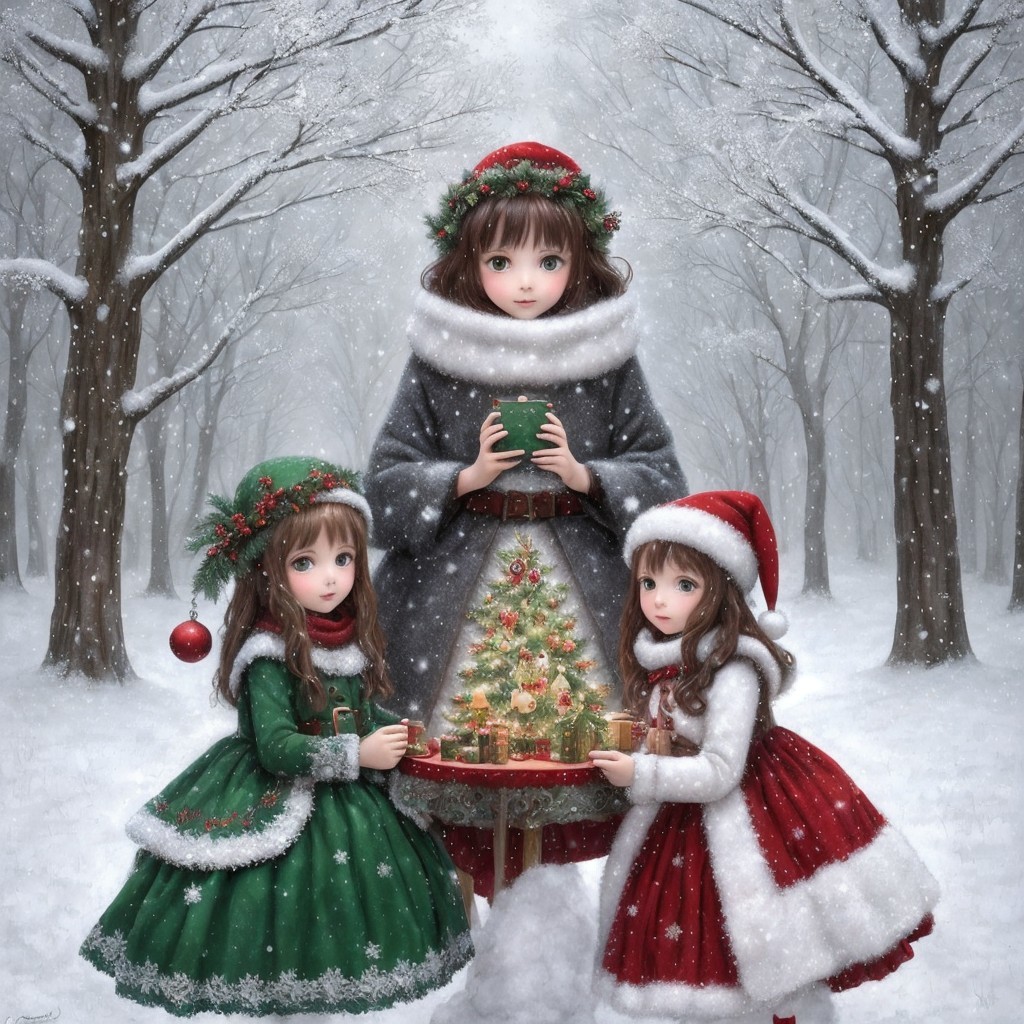 Girls Celebrating Christmas in a Snowy Forest
