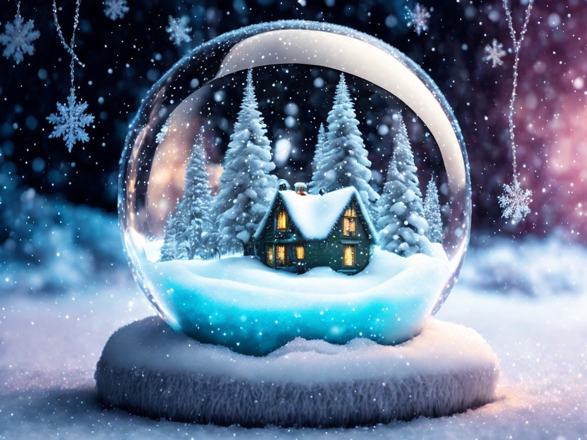 Winter Scene in a Snow Globe with Cozy Cabin