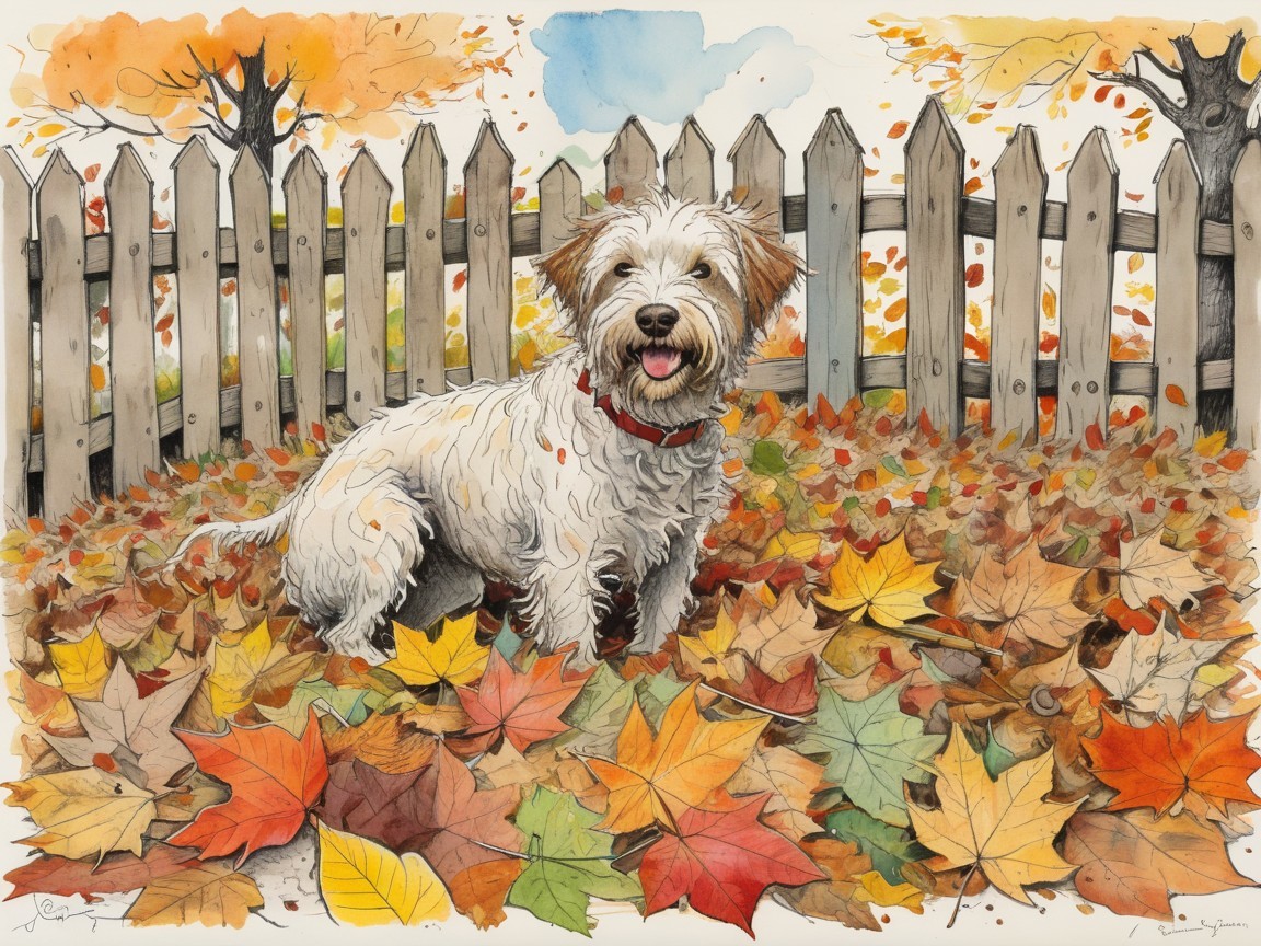 Cheerful White Dog Among Autumn Leaves and Foliage