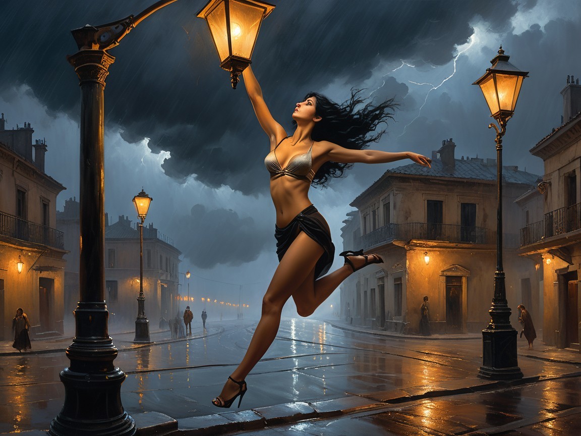 Dramatic Cityscape with Woman Under Stormy Skies
