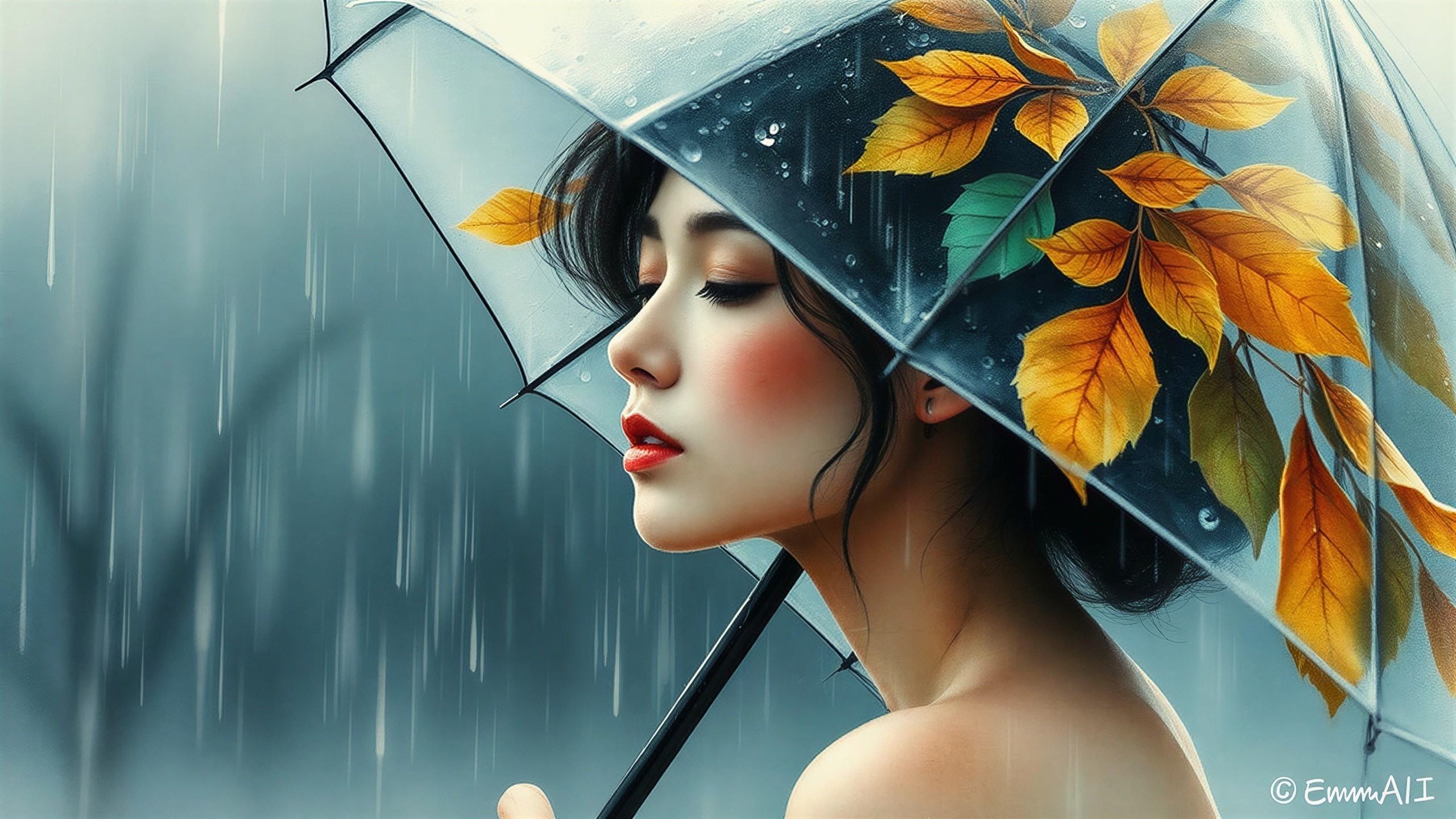 Digital painting of a woman with red lips in rain