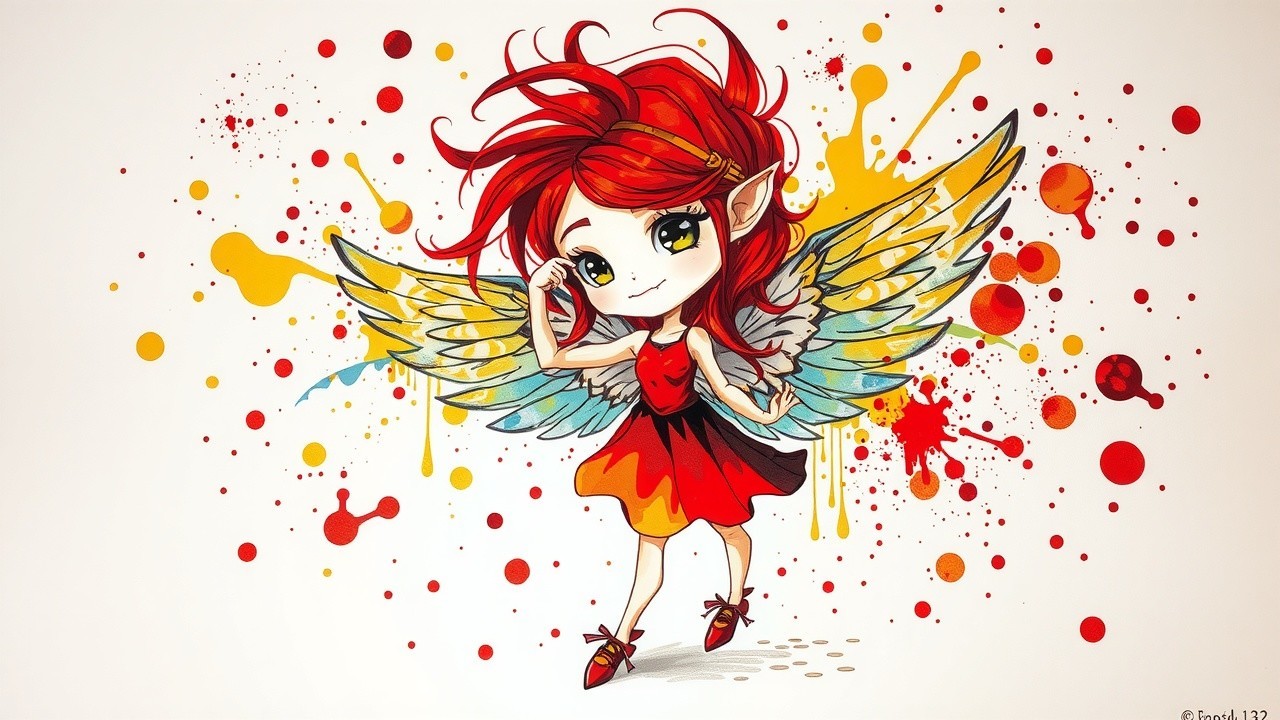 Whimsical Character with Red Hair and Colorful Dress