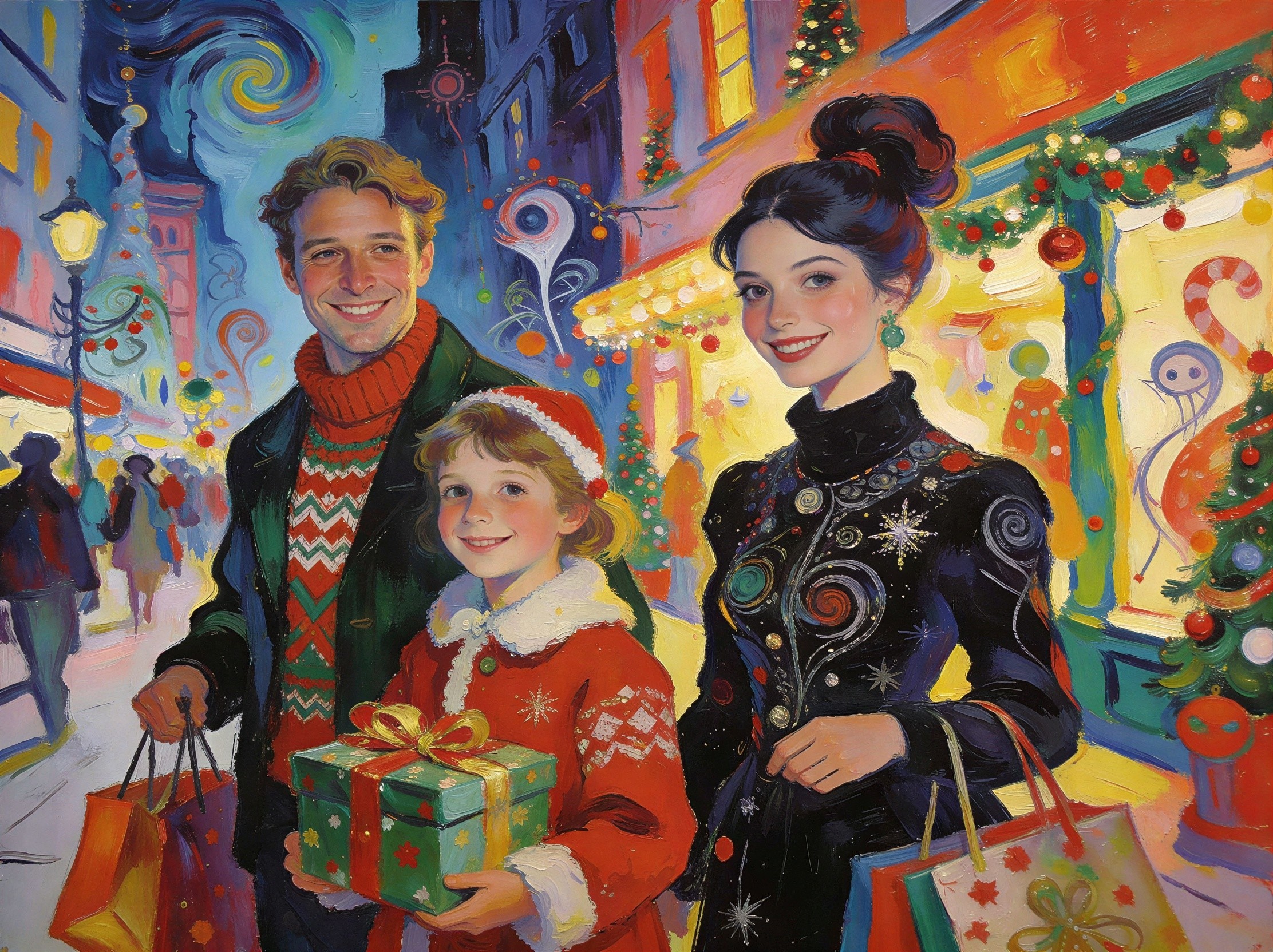 Warm Family Portrait on a Christmas Street Scene