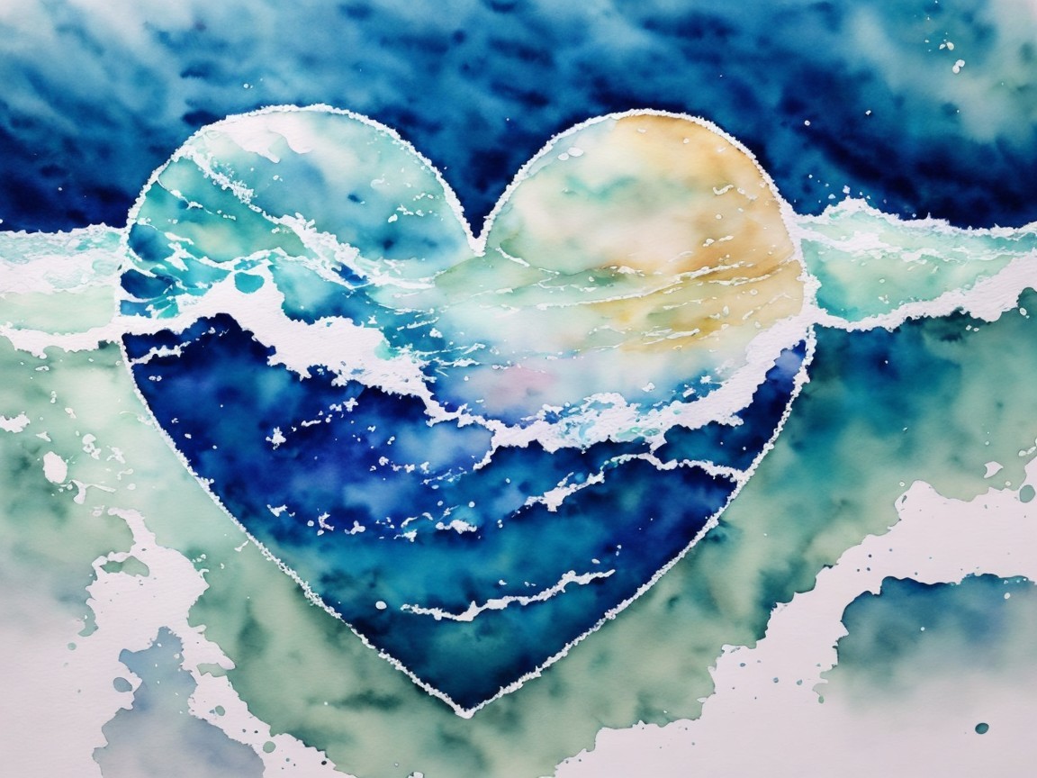 Vibrant Watercolor Heart Shape with Ocean Waves
