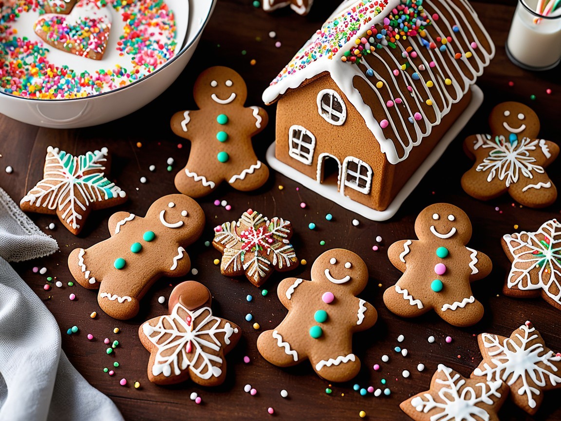 Decorated Gingerbread Cookies and House on Wooden Table