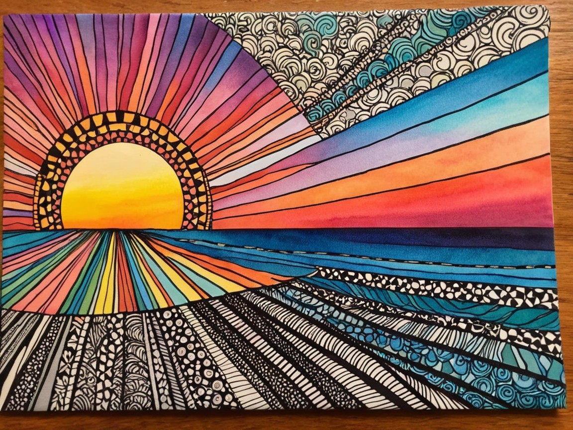 Colorful Abstract Watercolor of Sunset Over Ocean