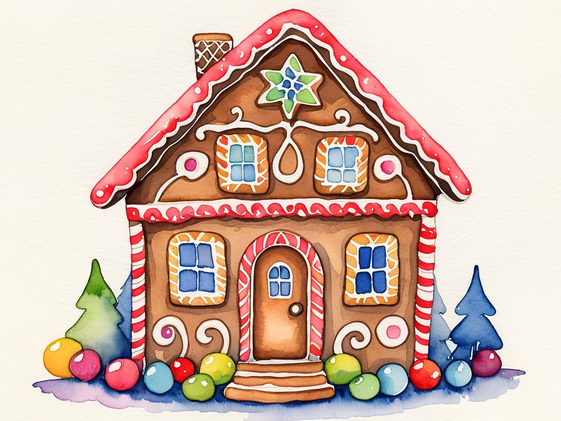 Watercolor Painting of a Gingerbread House Scene