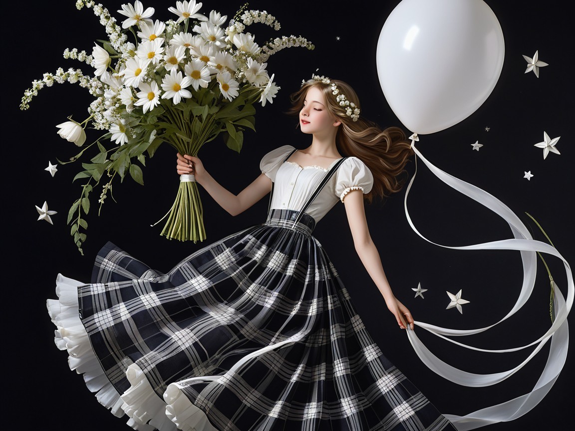 Whimsical Portrait of a Girl with Daisies and Balloons