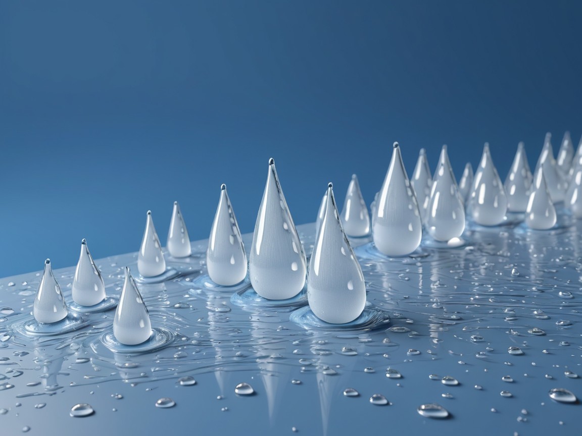 Translucent Teardrop Water Droplets on Blue Surface