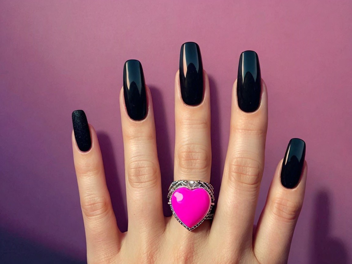 Glossy Black Nails with Silver Heart Ring on Gradient Background