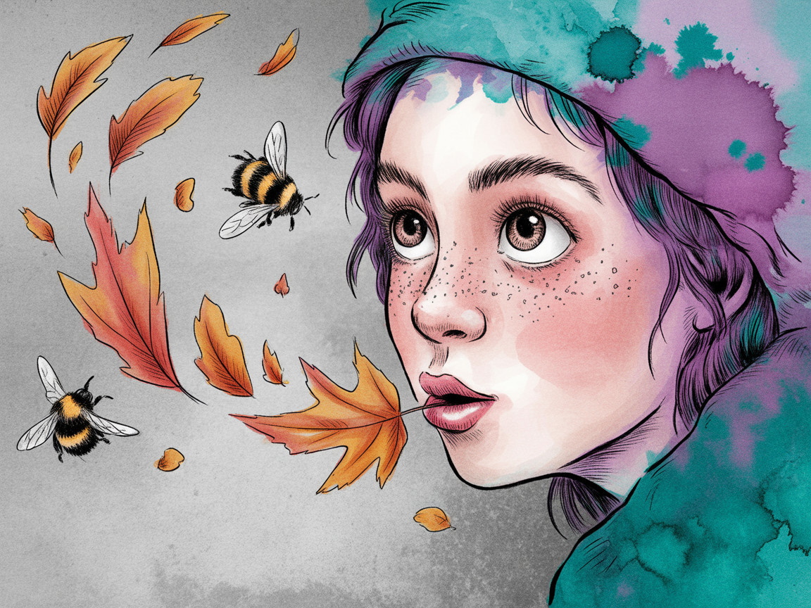 Whimsical Ink and Watercolor Portrait of Young Girl