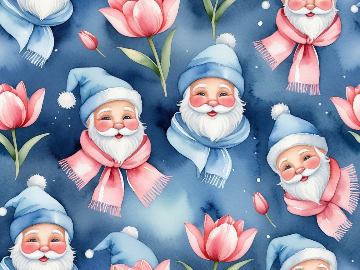 Seamless Watercolor Pattern of Santa Claus Heads and Tulips