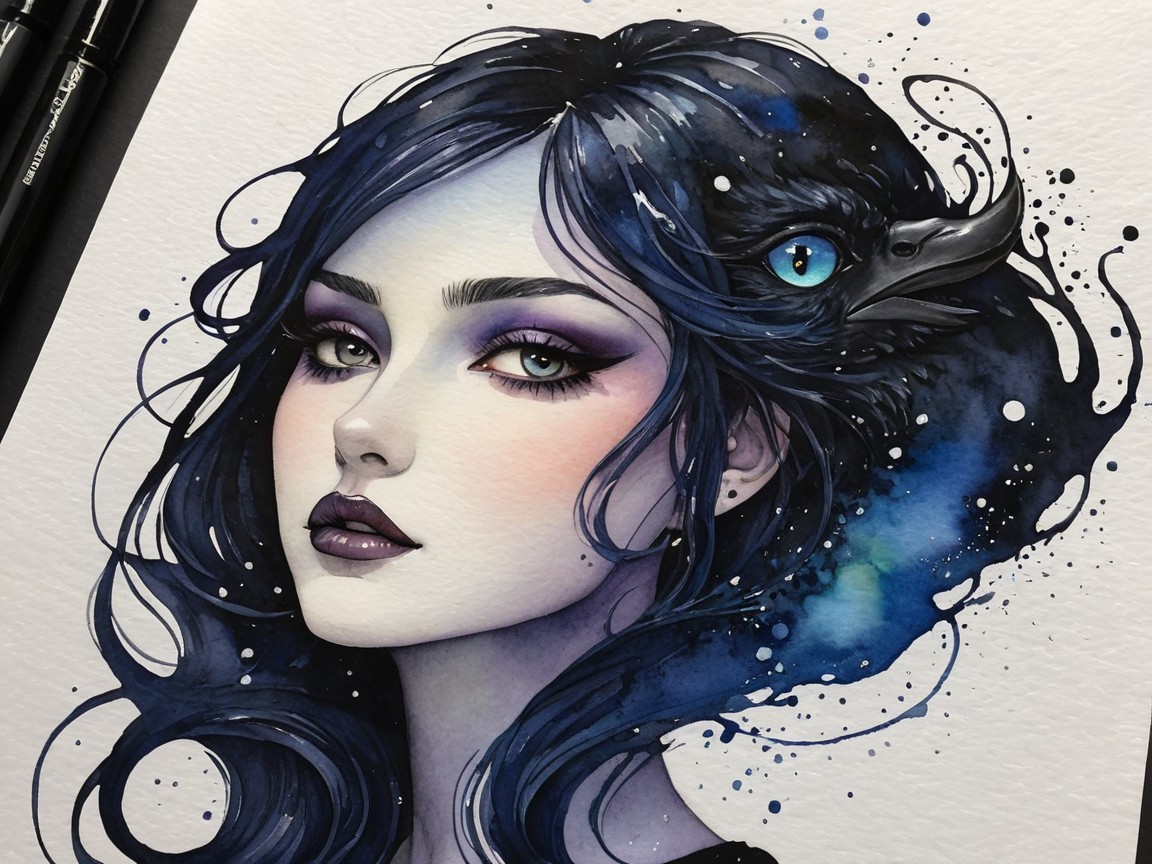 Fantasy watercolor painting of a woman with galaxy hair