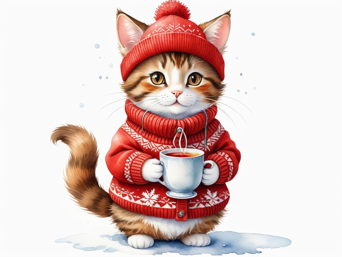 Kitten in Red Sweater and Hat in Winter Setting