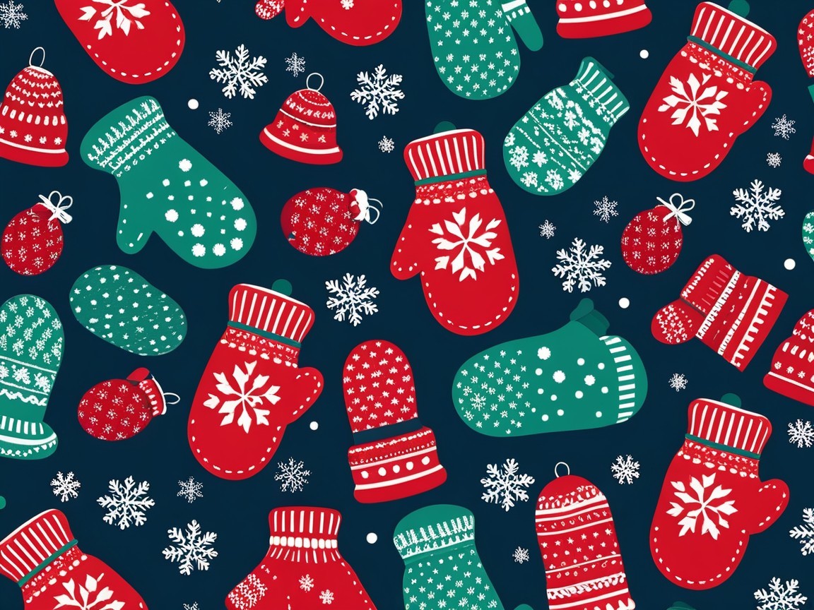 Knitted Mittens Pattern in Red and Teal on Blue