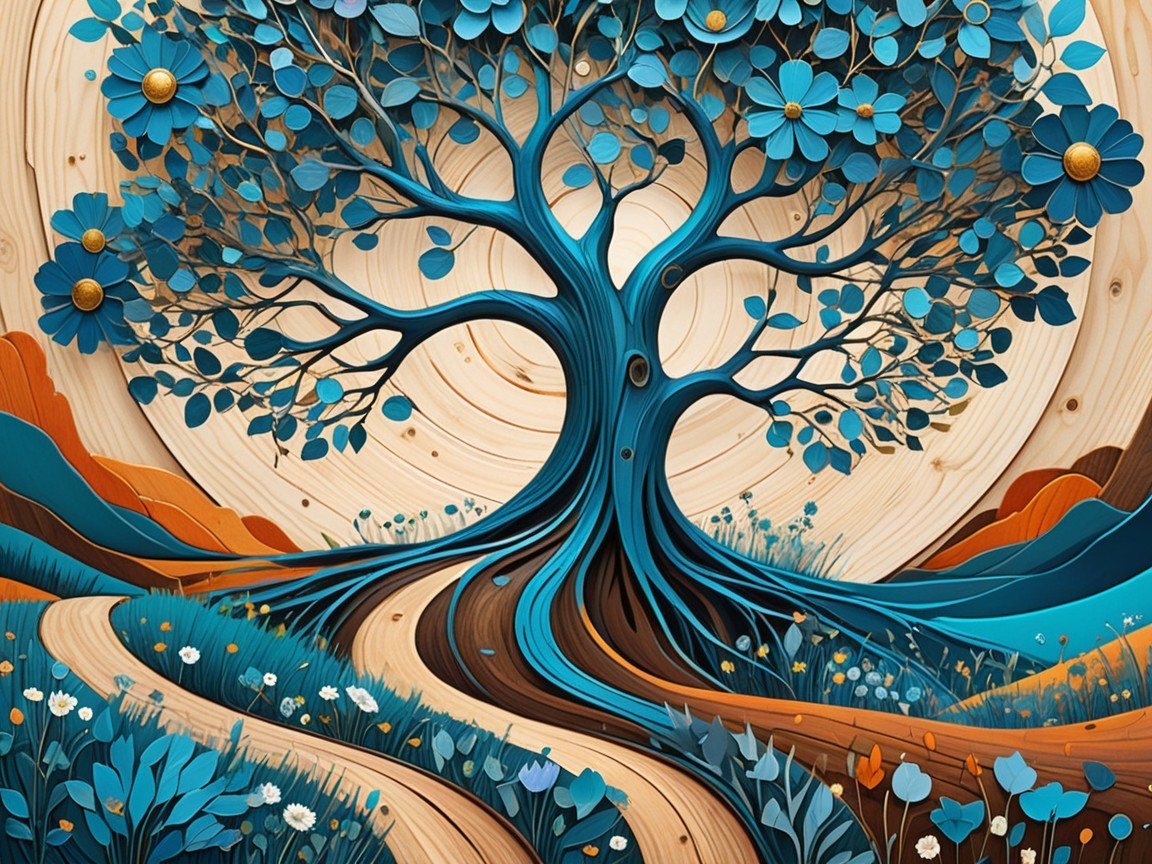 Intricately Designed Teal Tree with Floral Accents