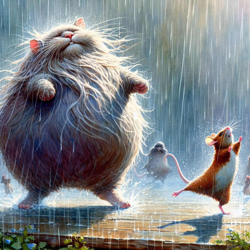 Fluffy Gray Cat and Mouse Enjoying Rainy Weather