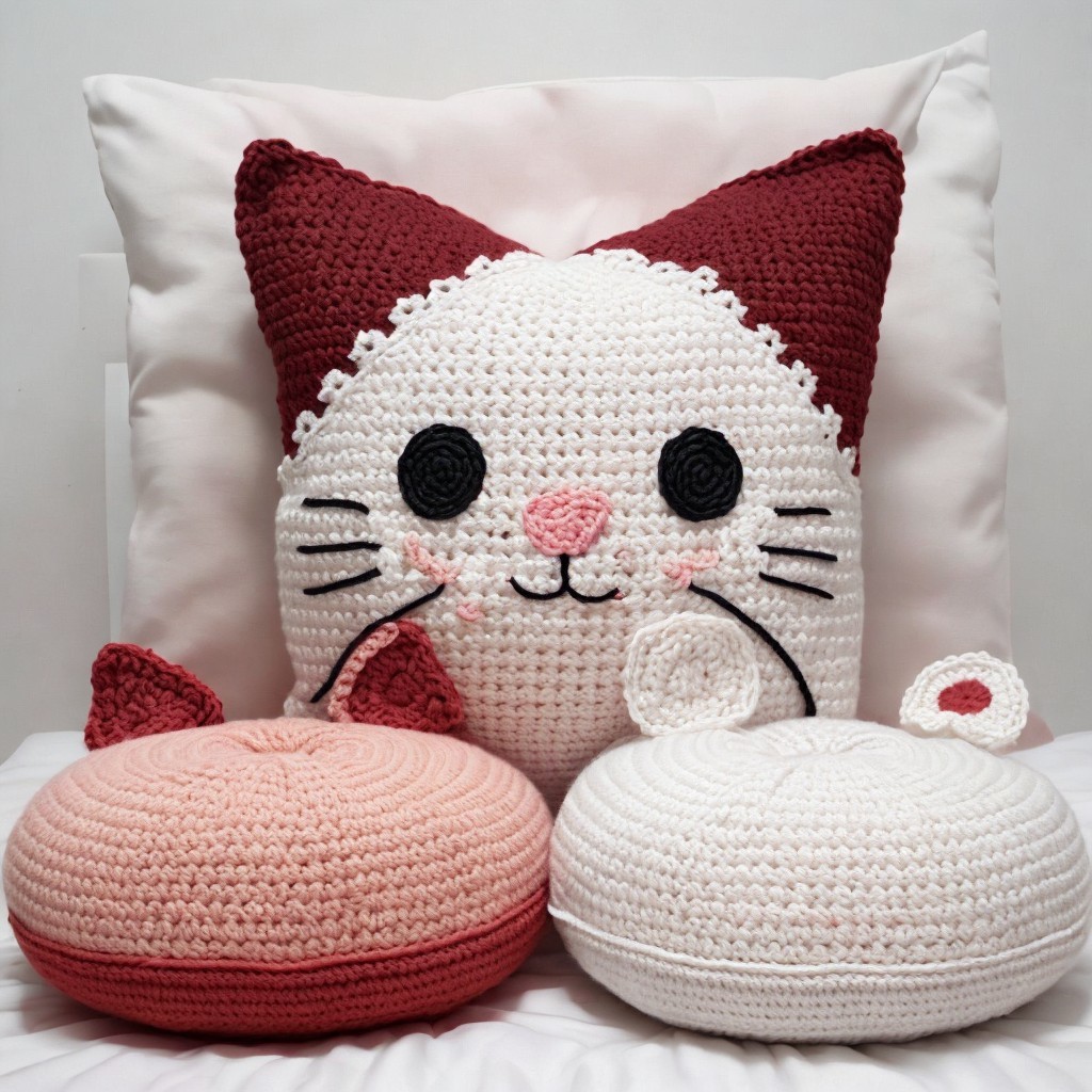 Crochet Cat-Shaped Pillow with Pincushions in Bedroom