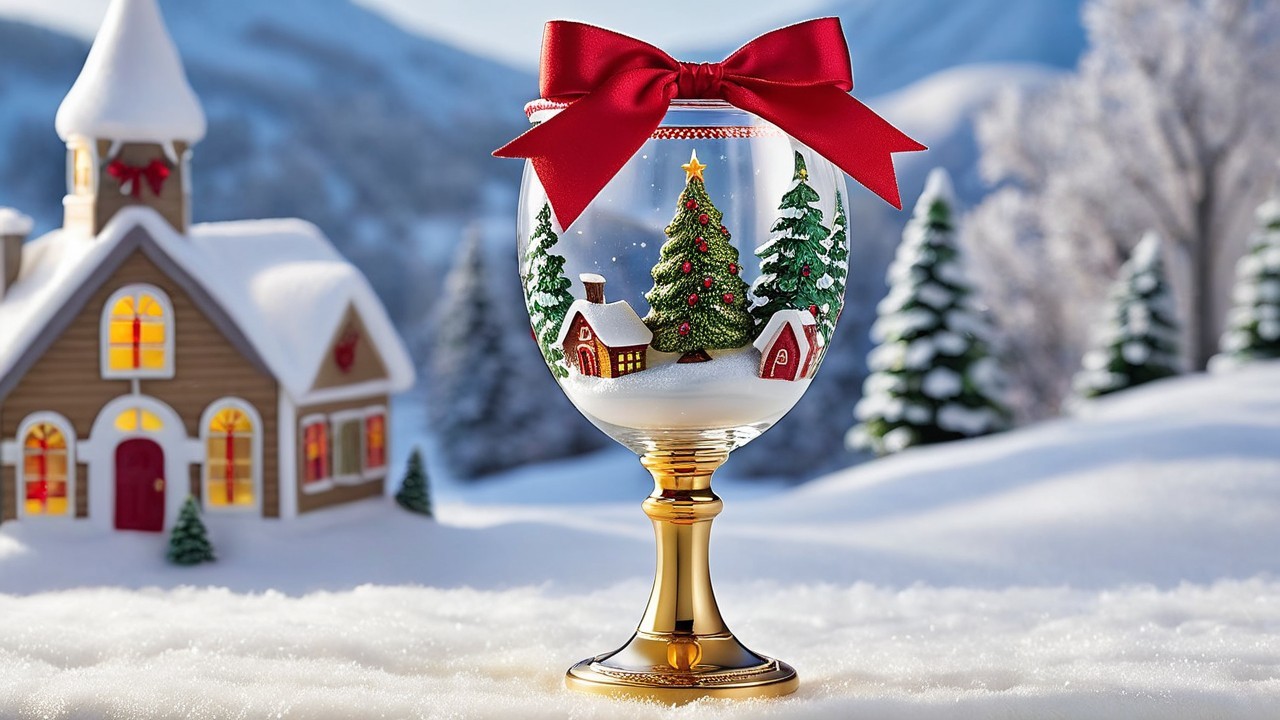 Snow globe in wine glass with snowy landscape scene