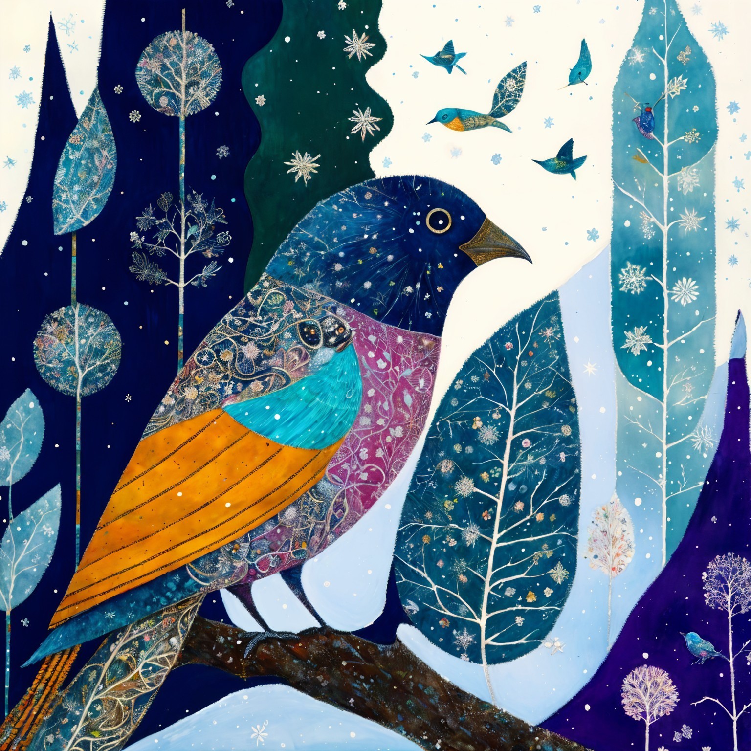 Vibrant Bird on Branch in Whimsical Winter Landscape