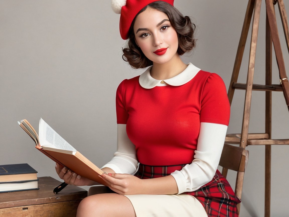 Young woman in red attire holding an open book