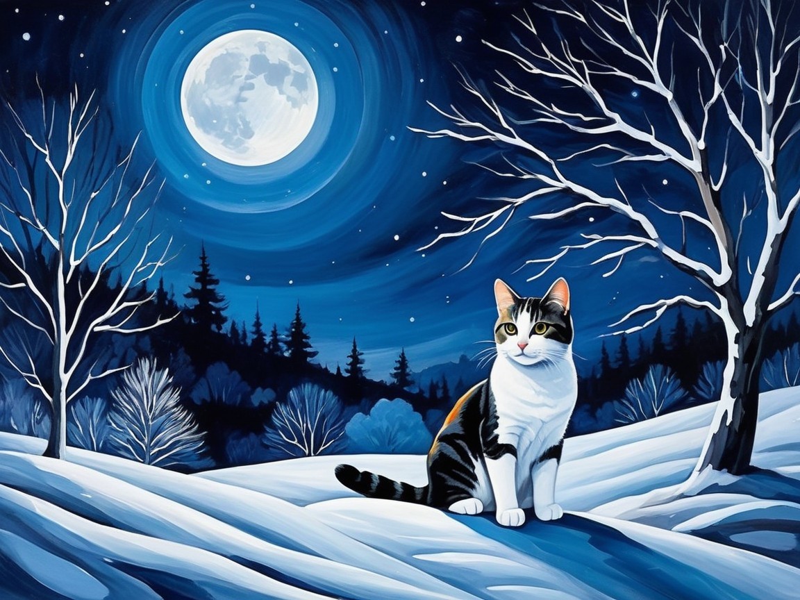 Winter Landscape with Tabby Cat on Snowy Hill