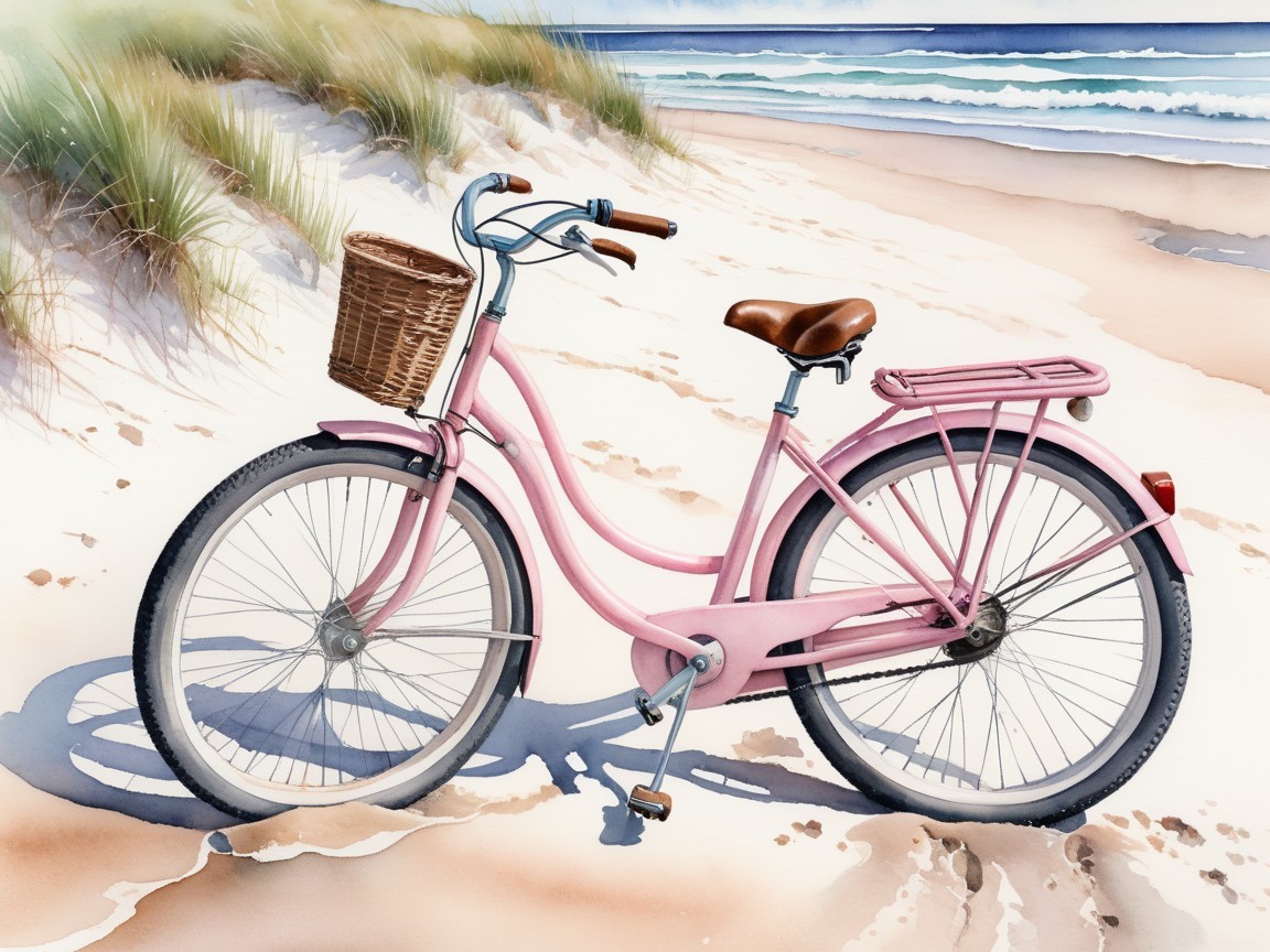 Watercolor Painting of Bicycle on Sandy Beach