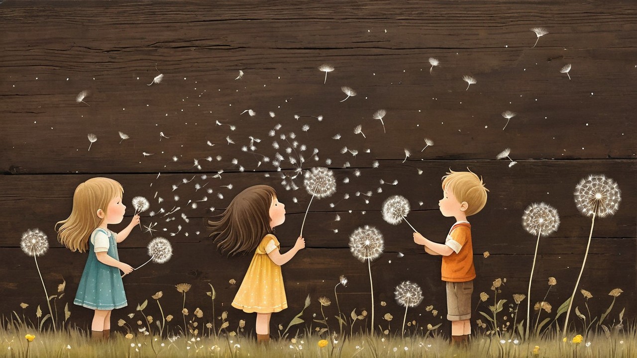 Children in a field blowing dandelion puffs