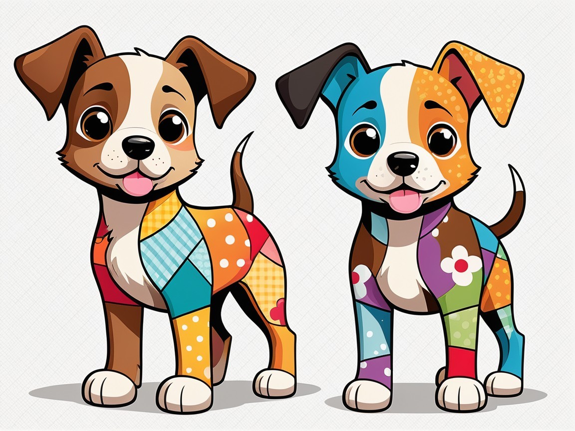 Cartoon Puppies with Colorful Designs and Cheerful Expressions