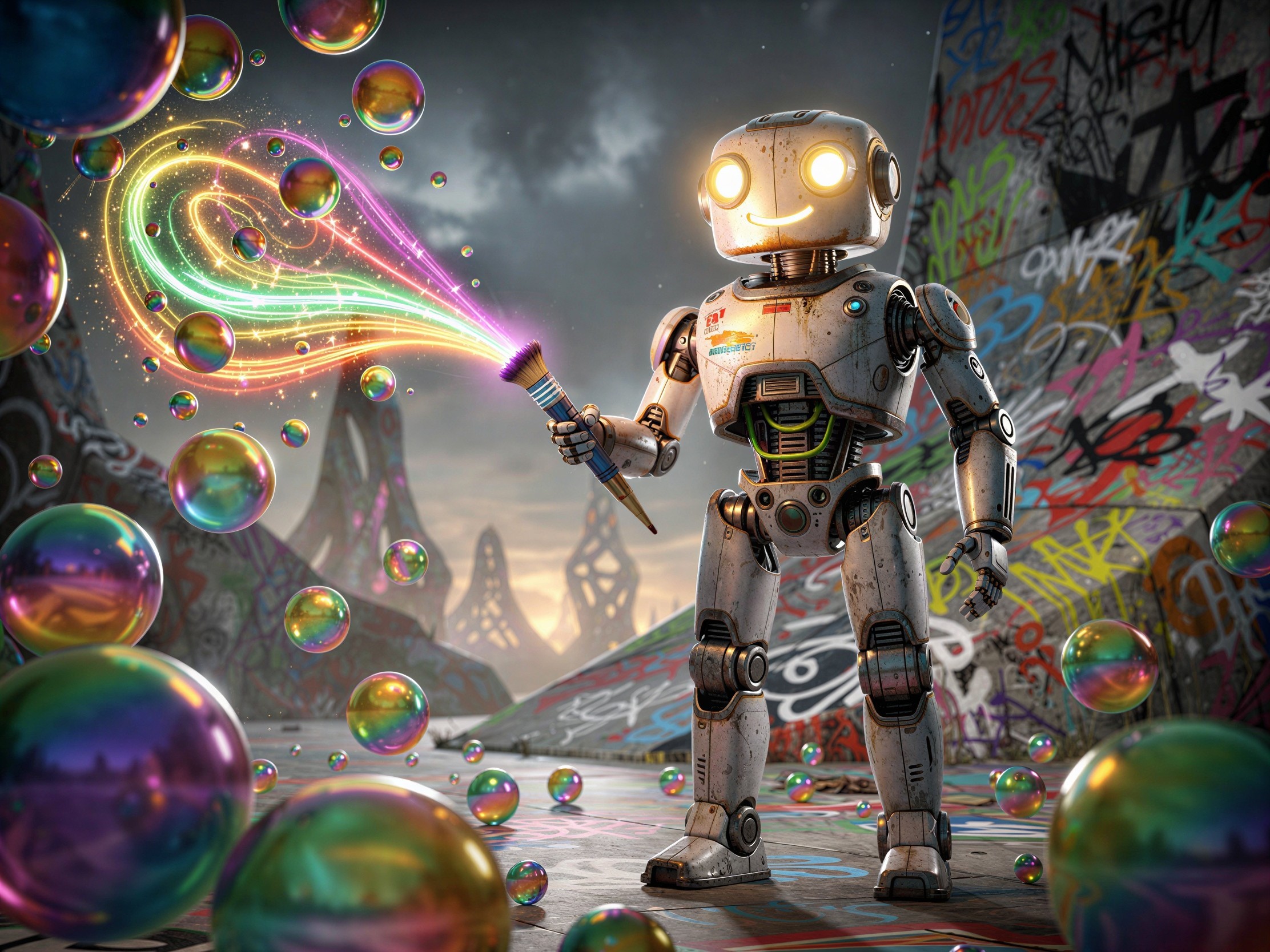 Robot Painting Colorful Bubbles in Urban Setting