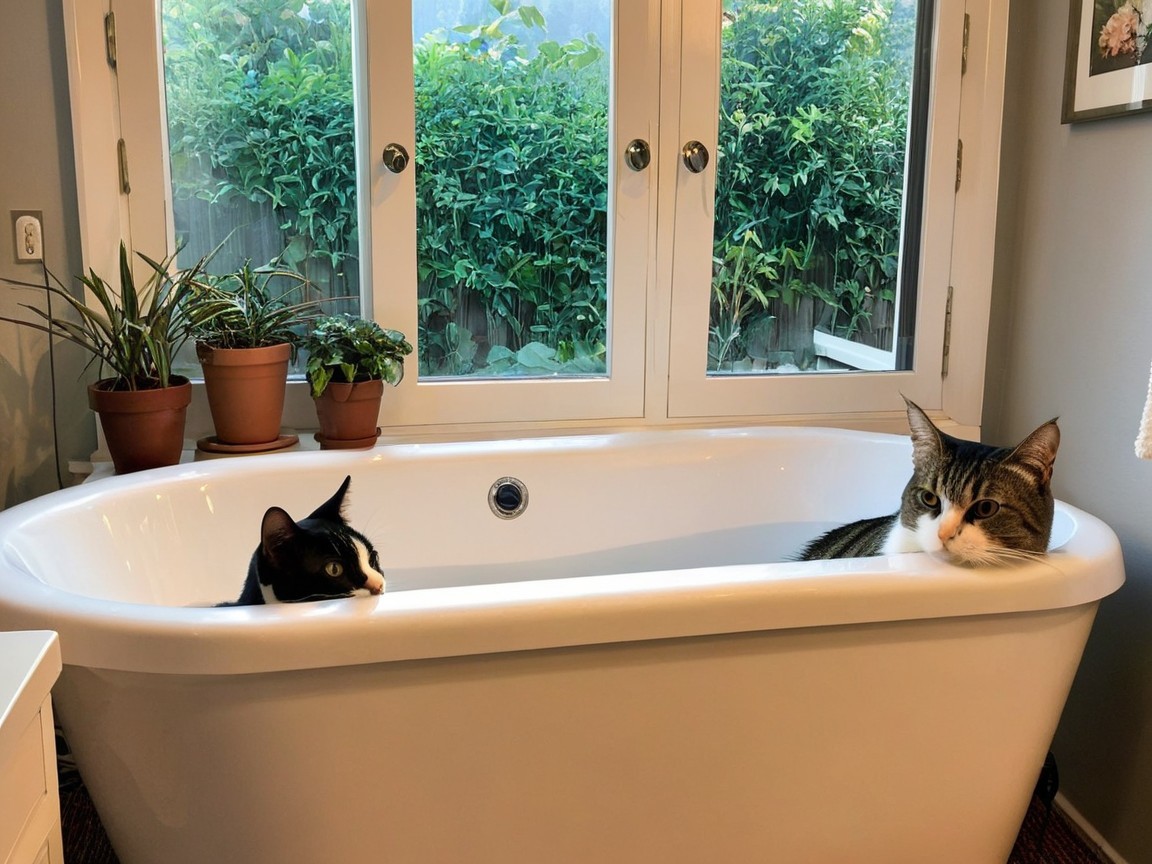 Cats Relaxing in Bathtub Surrounded by Greenery