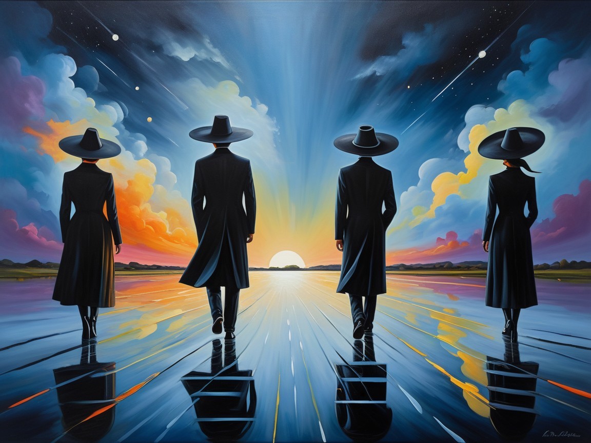 Figures in Coats Walking Toward a Sunset Landscape