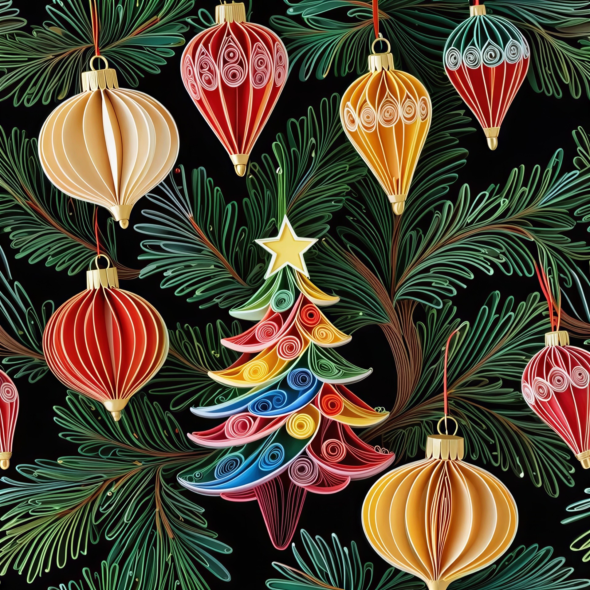 Vibrant Quilling Art with Christmas Ornaments and Tree