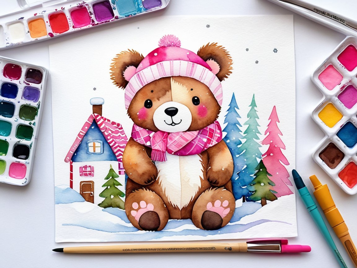 Watercolor Painting of Teddy Bear in Snowy Scene