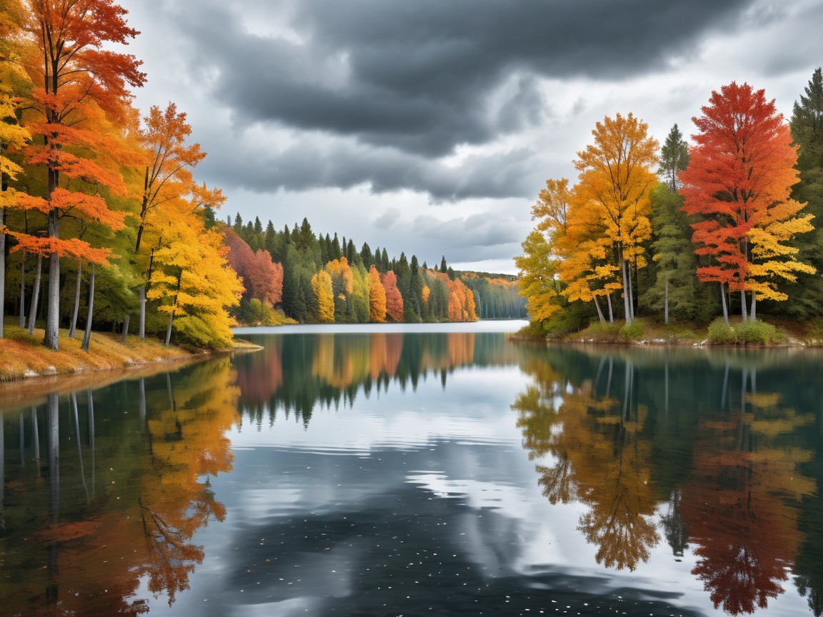 Autumn Lakeside Scene with Vibrant Colors and Clouds