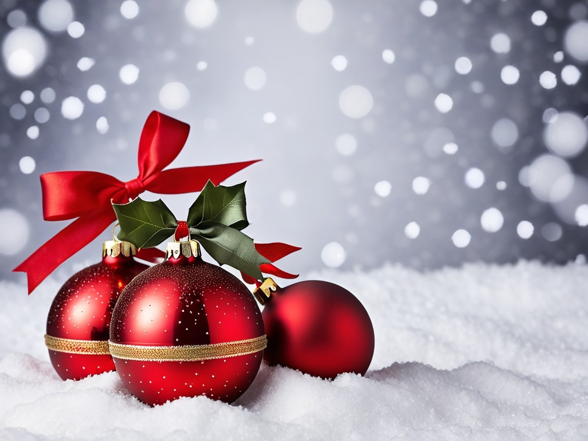 Three Red Christmas Ornaments on White Snow Background
