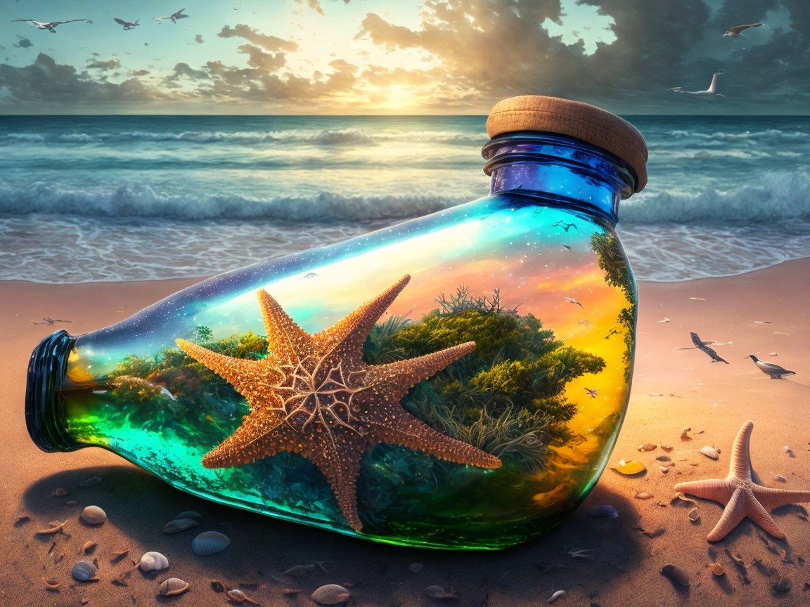 Vibrant Glass Bottle with Underwater Scene on Beach