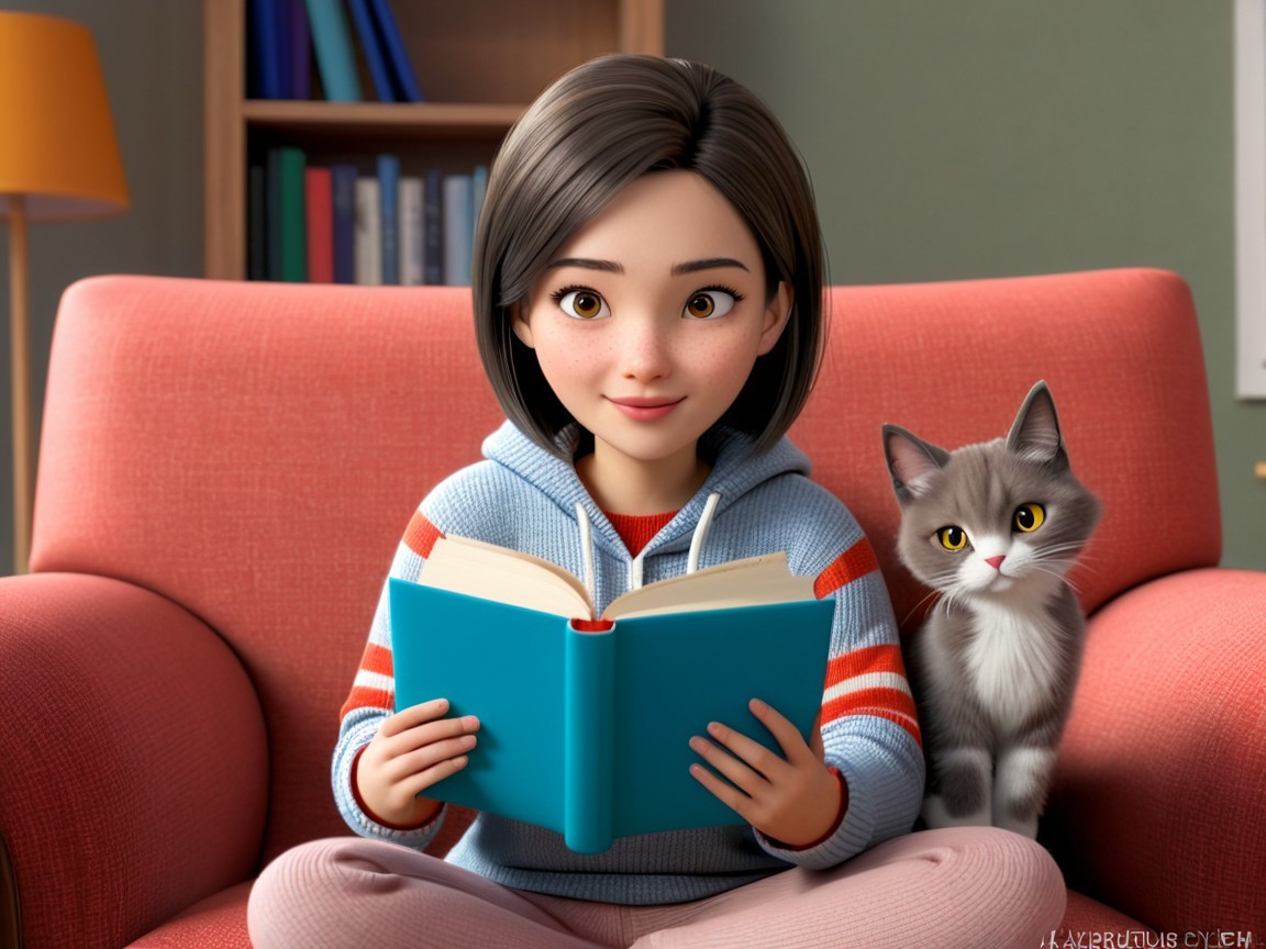 3D Render of Joyful Animated Girl in Red Chair