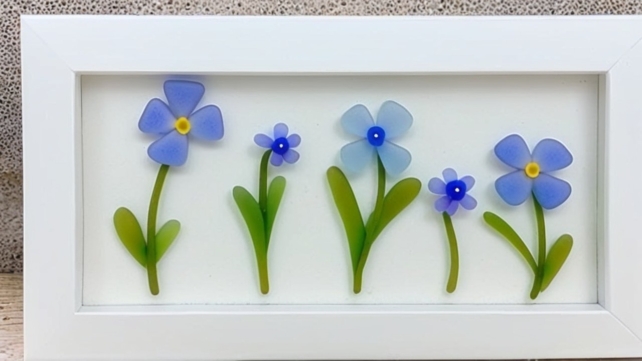 White Framed Artwork of Five Sea Glass Flowers