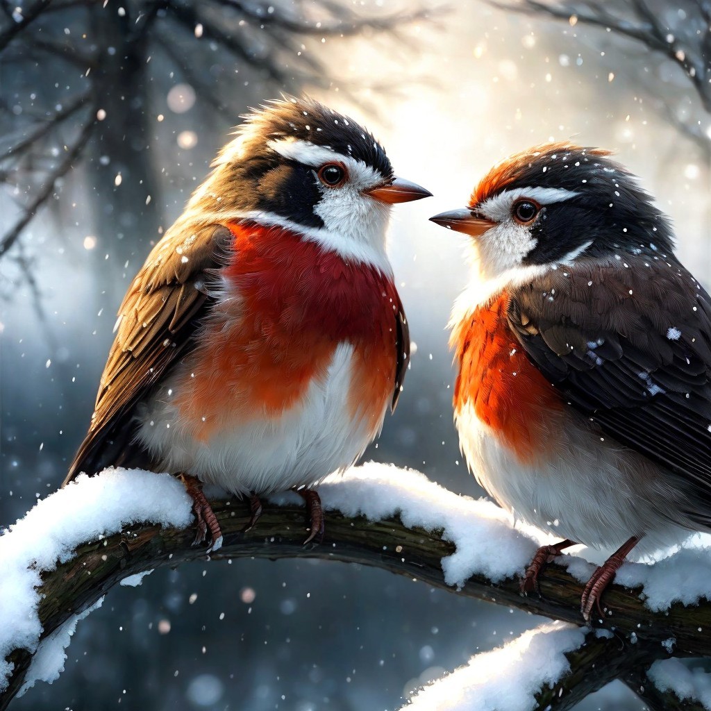Vibrant Birds on Snow-Covered Branch in Winter Scene