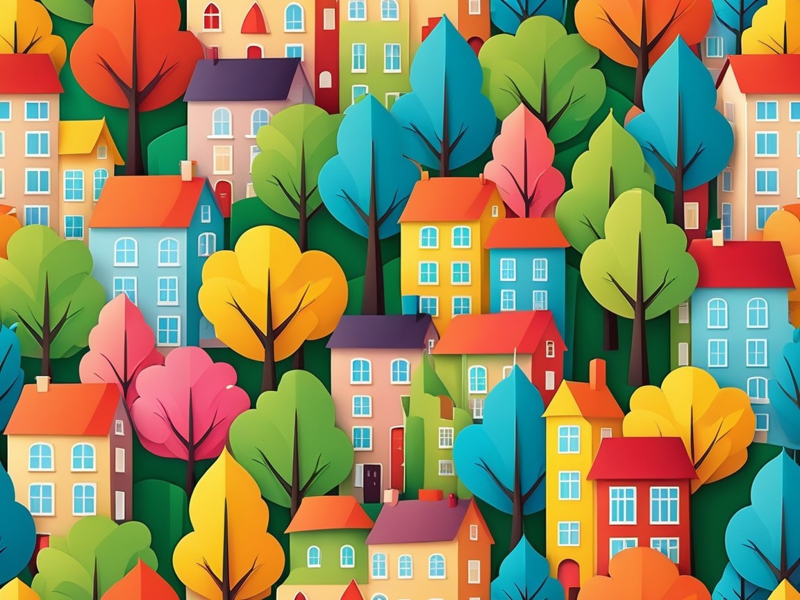 Vibrant Townscape Illustration with Colorful Houses
