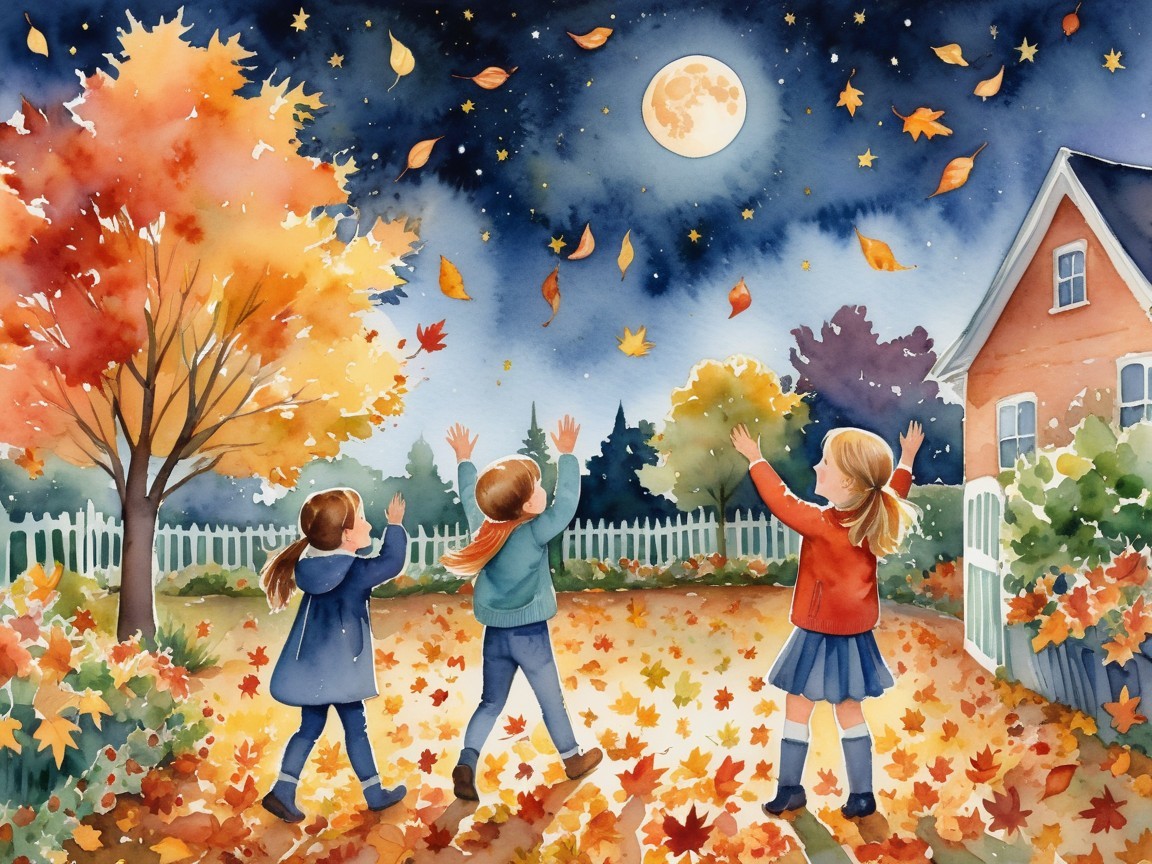 Children in Autumn Scene with Moon and Stars