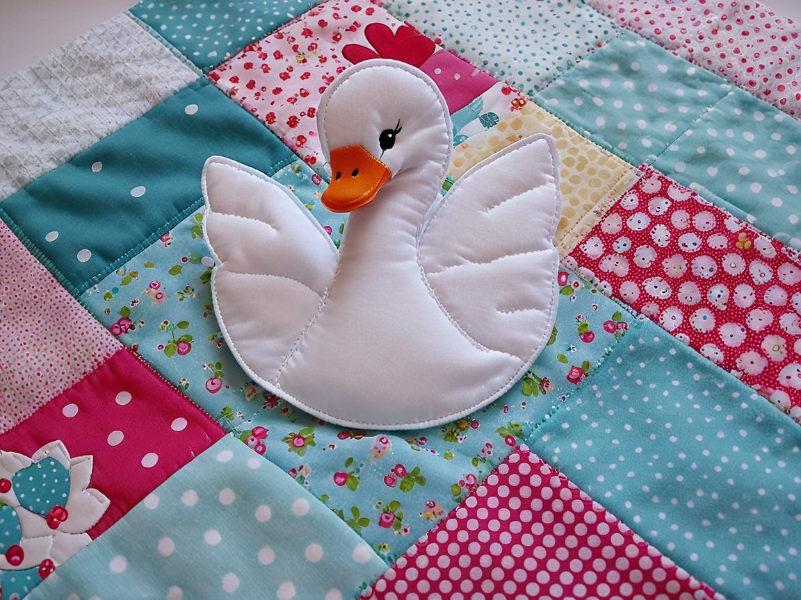 Colorful patchwork quilt with swan appliqué design