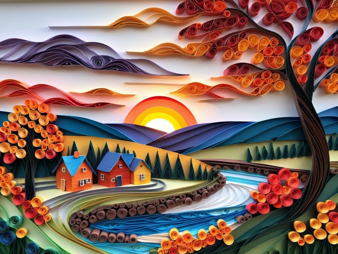 Vibrant Paper Quilling Scene of Countryside Landscape