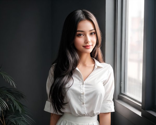 Young woman in white blouse by window with greenery
