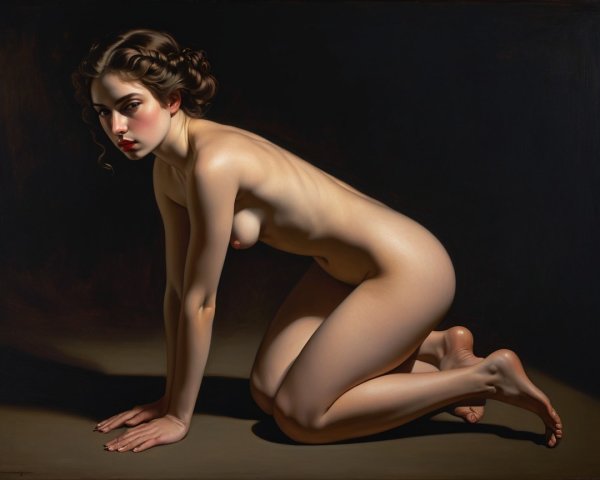 Nude Figure in Crouching Pose with Dramatic Lighting