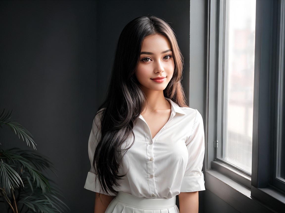 Young woman in white blouse by window with greenery