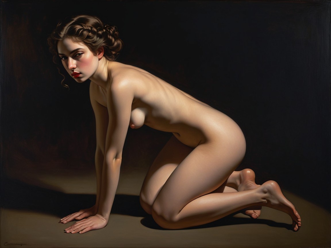 Nude Figure in Crouching Pose with Dramatic Lighting