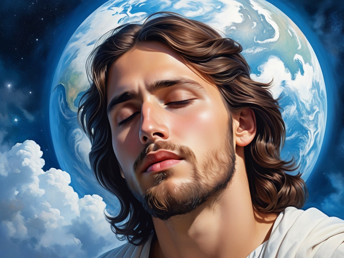 Serene figure in contemplation against Earth and stars