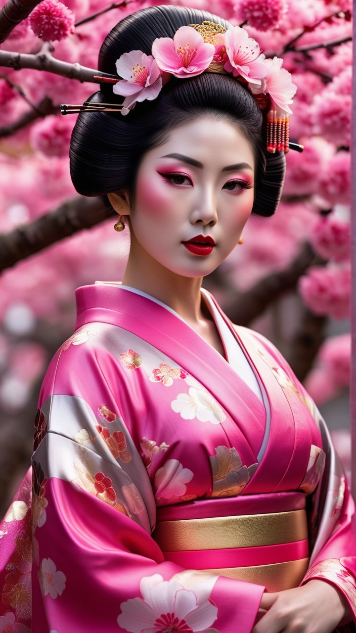 Woman in Pink Kimono Among Cherry Blossoms